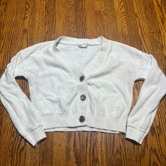SO XS White Knitted Cropped Cardigan Sweater V-Neck Long Sleeve Women Y2K Cute - Picture 1 of 9